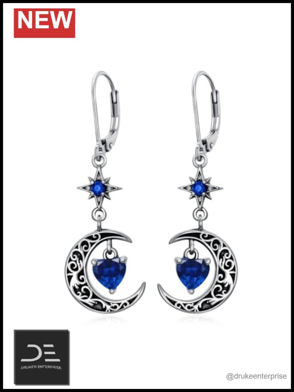 Sterling Silver Moon Star Dangle Earrings Hypoallergenic Gothic Jewelry Gift
